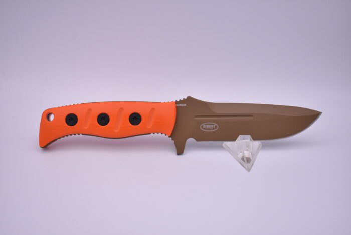 A knife with orange handle and brown blade.