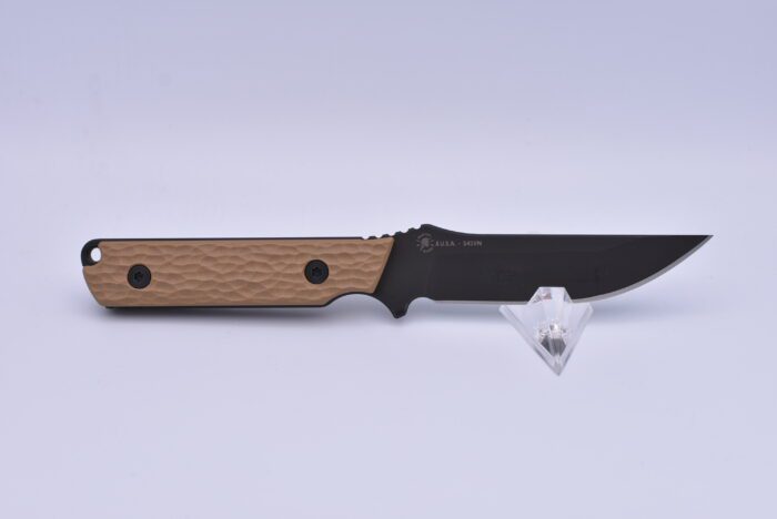 A knife with a wooden handle and black blade.