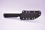 A black knife with a white handle and a black sheath.