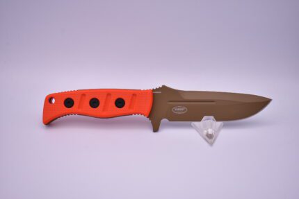 A knife that is orange and brown on the handle.