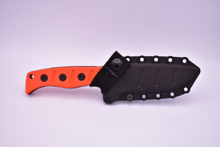 An orange knife with a black handle and black blade.