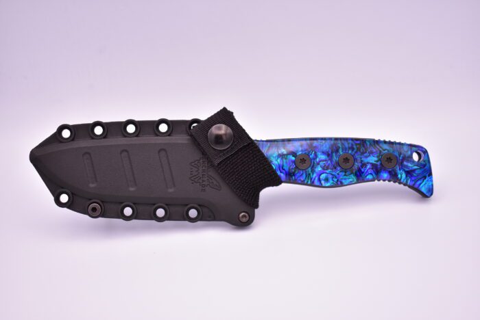 A blue knife with black handle and black blade.