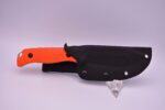 A knife with an orange handle and black sheath.